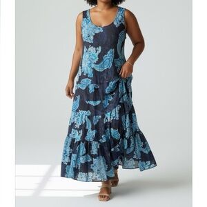 Chico's Navy and Teal Paisley Tiered Maxi Dress